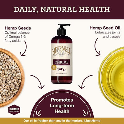 Hemp Well Thrive Oil for Dogs and Cats – Supports Hip, Joint, and Heart Health, Promotes Immune System, and Promotes Healthy Skin from Seasonal Allergies, Organically Sourced - 8 Ounces