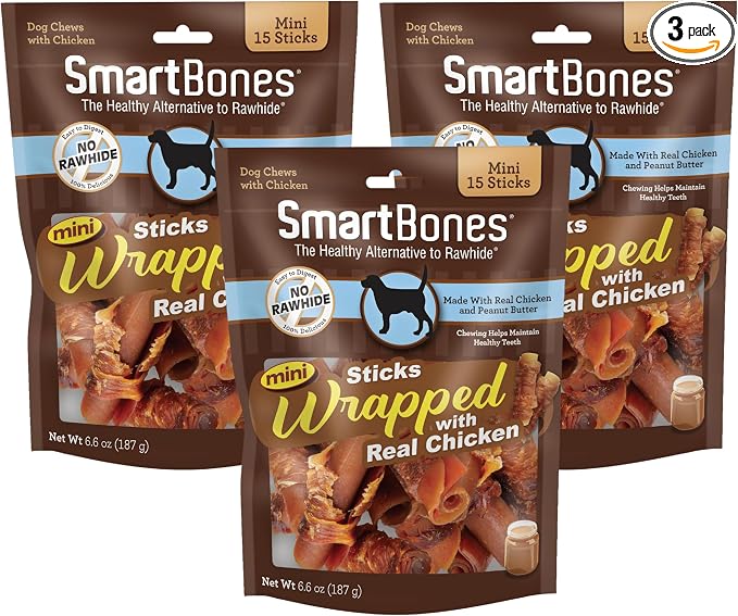 SmartBones Mini Chicken-Wrapped Sticks for Dogs with Real Peanut Butter, Rawhide-Free Dog Chew, 15 Count (Pack of 3)