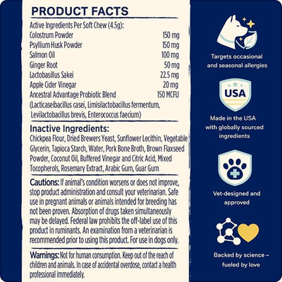 Dog Allergy Chews, Immune and Gut Health Support for Dogs, Itchy Skin, Paw Licking and Seasonal Allergies, Probiotics, Colostrum, Omega Salmon Oil, Skin & Coat Supplement, 30 Chews