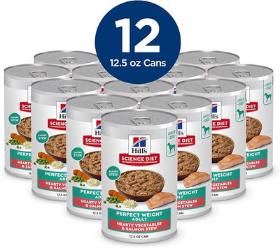Hill's Science Diet Adult Perfect Weight Wet Dog Food, Hearty Vegetables & Salmon Stew, 12.5 oz. Cans, 12-Pack