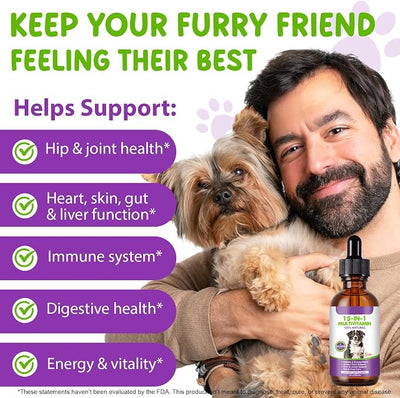 Dog Multivitamin Drops, 15 in 1 Multivitamin Liquid for Dog with Vitamin C, Vitamin D & B1, Dog Health Supplements for Skin Care, Joints & Hips