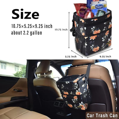 SIBOFUEGO Cute Car Trash Can with Lid – Multipurpose Collapsible Trash Bin for Car, Leak-Proof Organizer, Waterproof Garbage Can with Storage Pockets & Adjustable Straps, 2 Gallons (Flower)