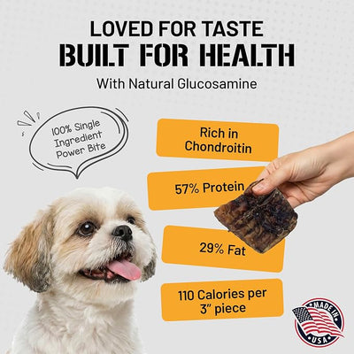 Dog Chits Bison Trachea Dog Treats - 100% Single Ingredient, High Protein, Lower Fat - Glucosamine for Joint Support - Dental-Clean Crunch - Gentler on Digestion Than Beef - 2-3 inch, 8 oz