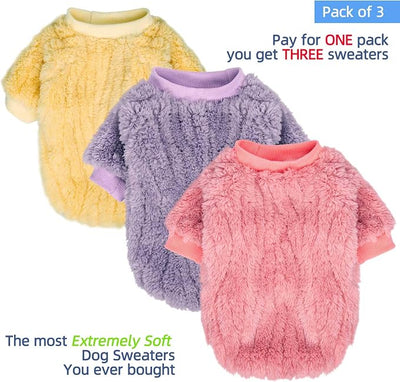 FabriCastle Dog Sweater, 3-Pack Dog Clothes & Coat, Pet Jacket for Small or Medium Dogs Boy or Girl, Soft and Warm Cat Sweaters Doggy Apparel Costumes Christmas (Lavender,Pink,Butter yellow, XX-Small)