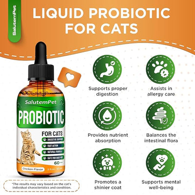 Probiotics for Cats for Digestive Support – Cat Probiotics for Indoor Cats Help with Colic, Upset Stomachs, Diarrhea, Gas, and Bloating – Prebiotics + Pleasant Chicken Flavor Inside – 2 Oz