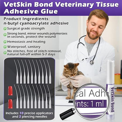 2 Pack 1ml Veterinary Surgical Skin Glue with 20 Applicators, Strong Surgical Adhesive, Blue Tinted Fast Acting Tissue Wound Glue, Up to 10 Applications, Ideal for Small Pet or Single Pet Home