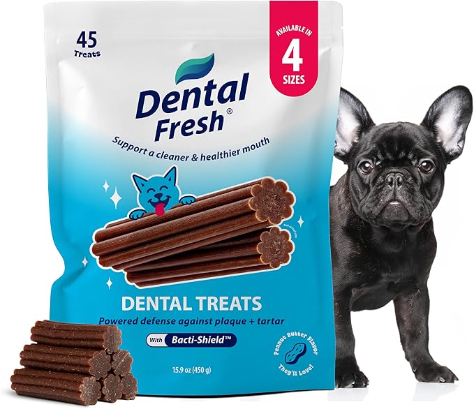 Dental Fresh Dental Treats for Small Dogs, Vet-Formulated Teeth Cleaning Dental Sticks to Help Reduce Plaque and Tartar and Freshen Breath, 45 Count Brush Free Dental Chews for Dogs 11 to 25 lbs