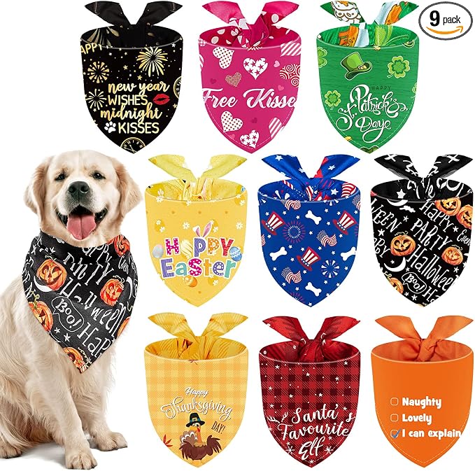 Weewooday 9 Pcs Holiday Dog Bandanas Halloween Thanksgiving Christmas Bandanas Birthday Scarf Adjustable Large Pet Washable Scarves for Large Dog Costume Supply