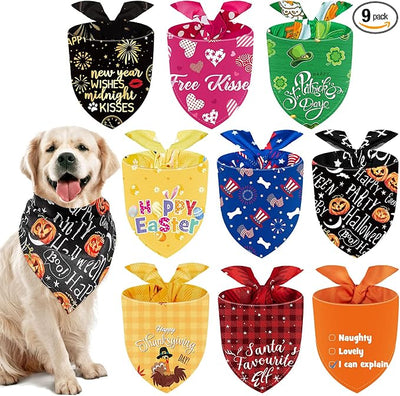 Weewooday 9 Pcs Holiday Dog Bandanas Halloween Thanksgiving Christmas Bandanas Birthday Scarf Adjustable Large Pet Washable Scarves for Large Dog Costume Supply