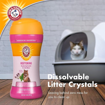 Arm & Hammer Restoring Cat Litter Box Deodorizing Crystals Litter Deodorizer Additive Absorbs Odors Restores Freshness Between Changes Clary Sage and Mint Scent 15 OZ Single and Multi-Cat Households