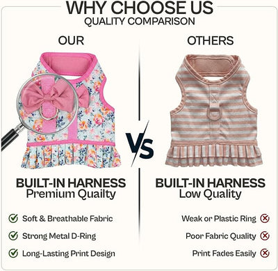 Parisian Pet Floral Dog Harness Dress - Breathable No Pull Puppy Dress with Pink Bow and Leash Ring - 100% Mesh Fabric Harnesses for Dogs - Soft Padded Step in Pet Vest - Dog Harness for Large Dogs