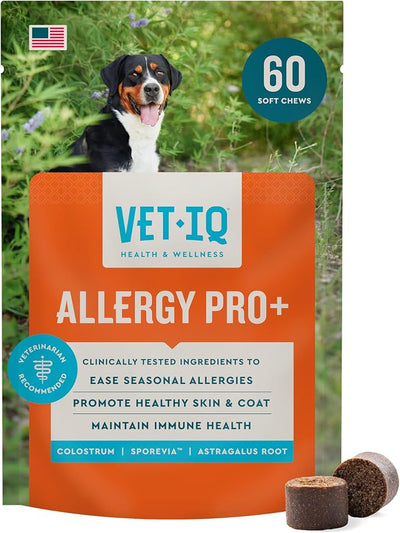 VetIQ Allergy Pro+ Soft Chews for Dogs, Dog Allergy Chews, Seasonal Support, Colostrum, Astragalus Root, Sporevia, Hickory Smoke Flavor, 60 Count