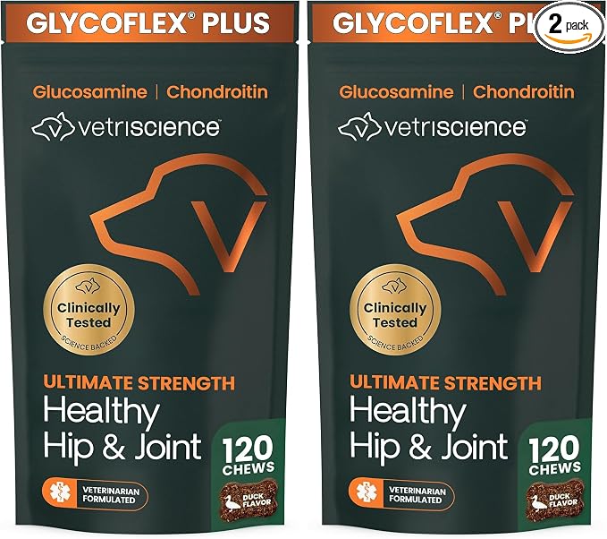 VetriScience Ultimate Strength Healthy Hip & Joint Chews, GlycoFlex Glucosamine, Chondroitin & GreenLipped Mussel Support Supplement for Dogs, Soothe Joint Discomfort, Duck,120 Ct (Pack of 2)