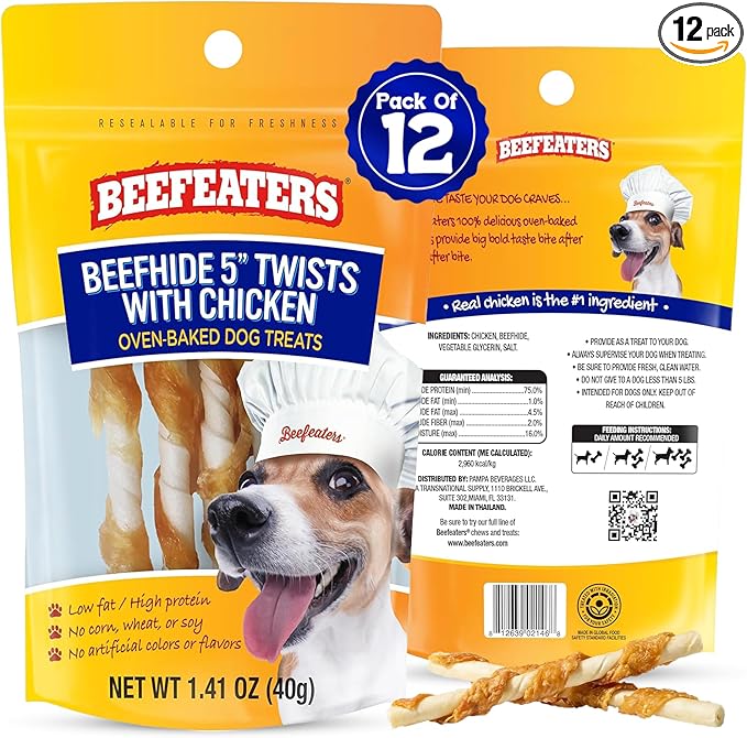 Beefeaters Beefhide 5in Twist Sticks with Real Chicken 1.41 Ounce (Pack of 12) - Dog Rawhide Chews for Clean Teeth & Training, High Protein Dog Treat Chews, Chicken Wrapped Rawhide Sticks