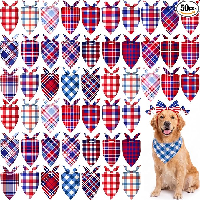 Abbylike 50 Pcs 4th of July Plaid Dog Bandanas Bulk Red White Blue Gingham Bandana for Dogs Triangle Kerchief Bib Scarf for Pet Independence Day 250th Anniversary Patriotic Party Costume, 25 Styles