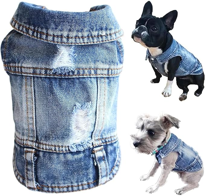 Jean Jacket, Puppy Blue Denim Lapel Vest Coat Costume, Dog T-Shirt Clothes, Cool and Funny Apparel Outfits, Machine Washable Pet Outfits for Small Medium Dogs Cats (XS)