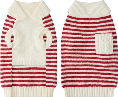 Small Dog Sweater, Knitted Striped Pullover Dog Clothes for Cold Weather, Thick Warm Cozy Stretchy Sweater for Chihuahua, Bulldog, Dachshund, Pug(Red & White Strip, XL)