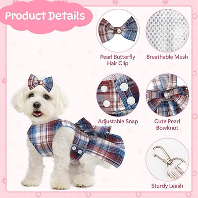 Coppthinktu Plaid Dog Dresses for Small Dogs Girl Bowknot Harness Leash Set, Cute Small Dog Dress Harness Cat Clothes Female with Pearl Bow Hair Clip, Summer Puppy Dress Yorkies Chihuahua Outfits