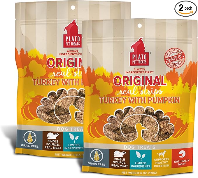 PLATO Pet Treats Real Strips Dog Treats – Turkey & Pumpkin – Air-Dried High Protein Dog Treats – Supports Immunity & Gut Health – Limited Ingredient, No Fillers – Made in USA – 6 oz