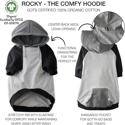 Pet Passion Rocky – The Original Lightweight Hooded Tee 100% Organic Cotton Dog Hoodie Pet Coat Sweater for All Sized Dogs, Heather Gray Color Block, X-Small (5-12 lbs)