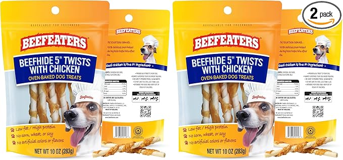 Beefeaters Beefhide 5in Twist Sticks with Real Chicken 10oz - Dog Rawhide Chews for Clean Teeth & Training, High Protein Dog Treat Chews, Chicken Wrapped Rawhide Sticks, No Artificial Colors or Flavor