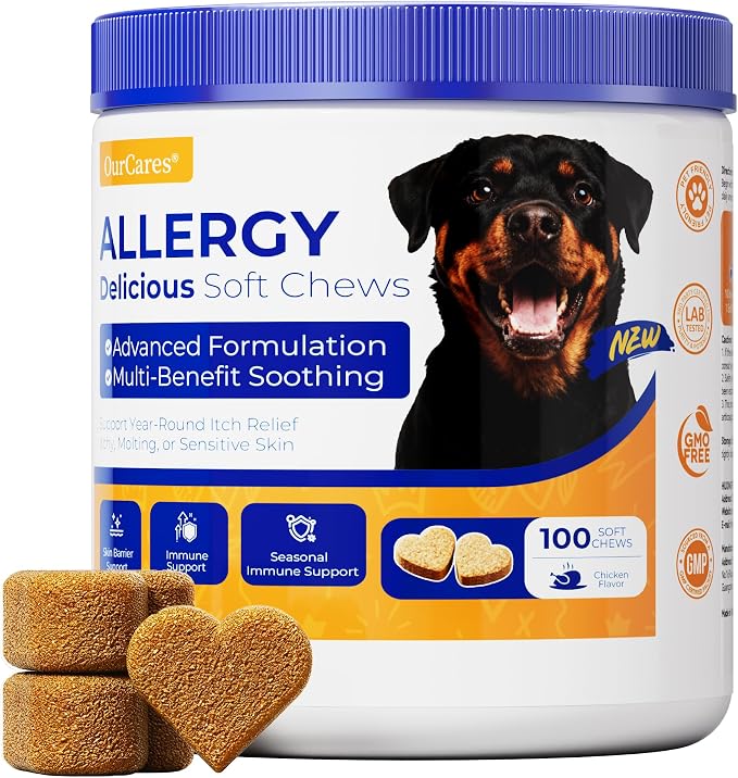 Dog Allergy Chews, Allergy Immune Support for Dogs, Seasonal Allergies Support, Dog Itching Skin Hot Spots Help Relief with Probiotics Turmeric Colostrum Omega-3, Chicken Flavor, 100Ct