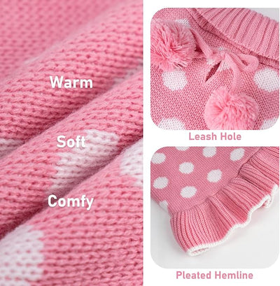 KYEESE Valentines Dog Sweater Dress, Warm Dog Sweaters for Small Dogs Girl Cats Dogs Clothes, Pullover Cozy Knit Pet Appare with Leash Hole, Pink Dot, S