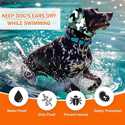BAMY Swimming Waterproof Dog Ear Caps Calming Large Dog Ears Cover Shower Cap for Ear Protection for Bath for Grooming (Camouflage, S (Head Circumference 10"-15"))