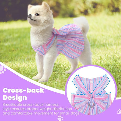 Pet Dog Harness Dress, Cute Striped Pattern with Bow, Princess Puppy Dresses with Button Closure, Summer Dog Clothes for Small Dogs Girl (Purple, Large)