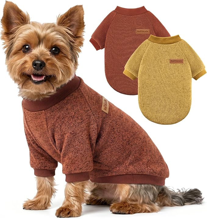 2 Pack Dog Sweaters for Small Dogs Girl Boy Winter Fleece Clothes Warm Soft Dog Sweatshirt Outfit for Dogs Cats Pet Apparel (Brown+Yellow, L (Back: 15.7",Chest: 19.6",14-18Ibs))