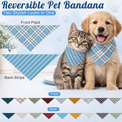 Weewooday 9 Pack Reversible Large Dog Bandanas Dual Sided Buffalo Plaid Striped Dog Triangle Bibs Washable Adjustable Pet Scarf Handkerchief Puppy Bandana for Small Medium Cats Boy Girl Daily Birthday