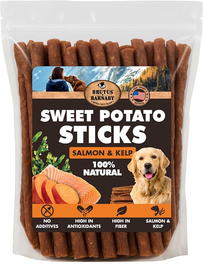 Sweet Potato Dog Treats - Grain Free, Salmon & Kelp Crunchy Sticks - Great Tasting, Promotes Positive Dog Gut Health with Natural Anti-Diarrhea Properties, No Preservatives Added (2lb Bag)