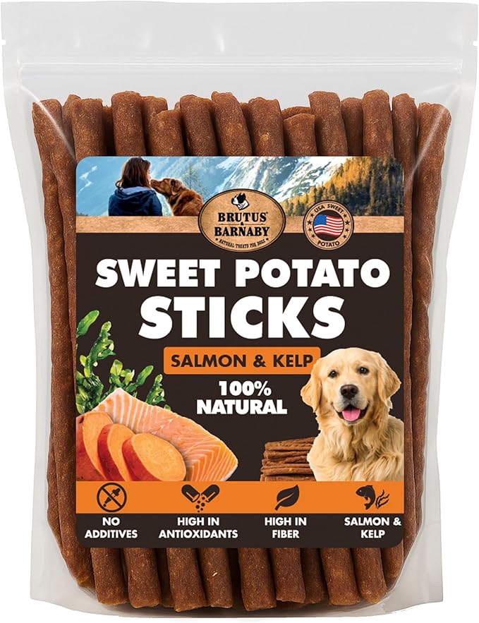 Sweet Potato Dog Treats - Grain Free, Salmon & Kelp Crunchy Sticks - Great Tasting, Promotes Positive Dog Gut Health with Natural Anti-Diarrhea Properties, No Preservatives Added (14oz)
