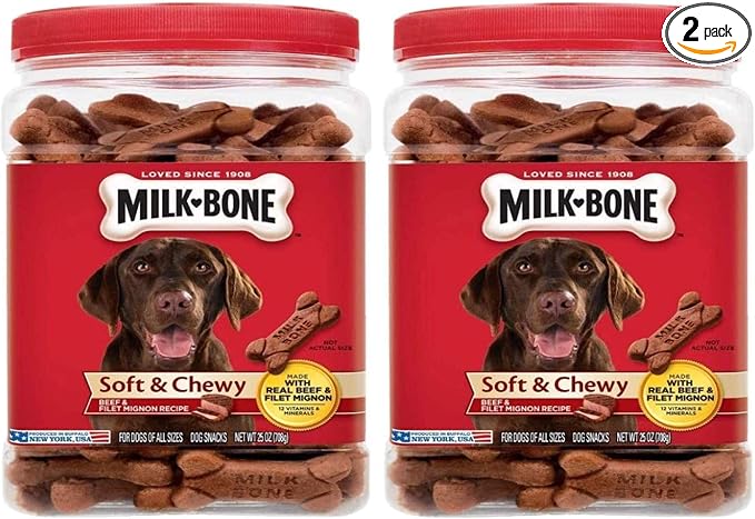 Milk-Bone Soft & Chewy Dog Treats, Beef & Filet Mignon, 25 Ounce Jar (Pack of 2)