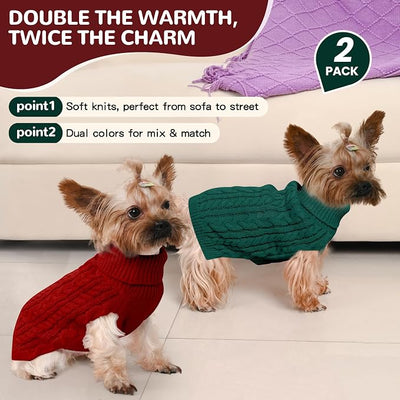 Dog Sweater 2 Pack for Small Dogs, Size XS, Red & Green | Stretchy cable knit turtleneck, machine washable, high belly cut, comfy winter fit for Chihuahua, Yorkie