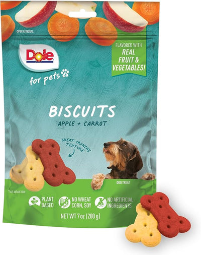 Dole for Pets Dog Biscuits Assorted Apple + Carrot Mix, Real Fruit and Vegetable Flavor Vegan Crunchy Treats, No Wheat Corn Soy or Artificial Additives, Bite Size Training Snacks for Dogs, 7 Oz