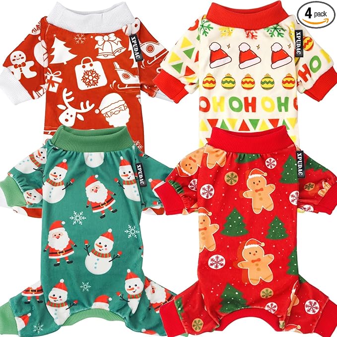 XPUDAC 4 Pieces Dog Christmas Outfit Pajamas Santa Claus Pet Clothes Cute Snowman Dog Pajamas Costumes for Dogs Girl Boy, Red Green Large