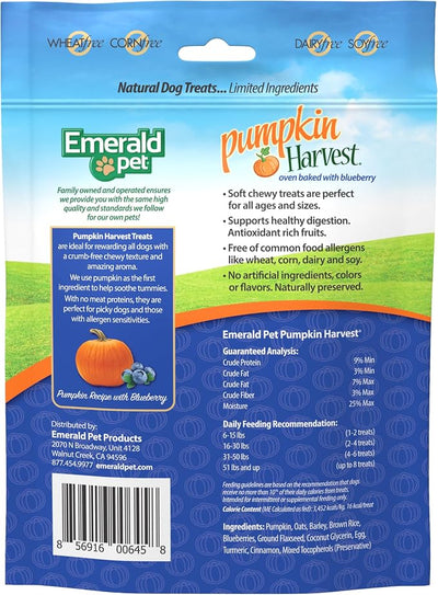 Emerald Pet Pumpkin Harvest Dog Treats, Blueberry Flavor, 6 oz – Soft Chewy Low-Fat Natural Dog Treats with Real Pumpkin for Digestive Health – Meat-Free, Wheat-Free, Made in USA