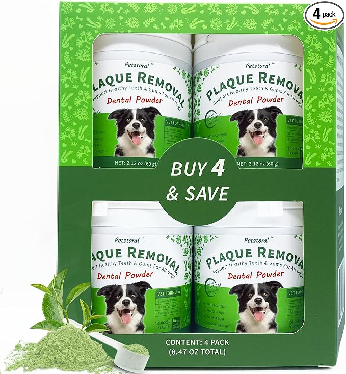 Petstoral Multi-Pack Natural Dog Dental Powder, Dog Dental Care - Plaque Remover and Bad Breath Treatment, Healthy Gums & Fresh Breath for All Dogs and Cats (4-Pack)