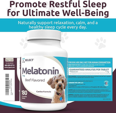 K9 Select Melatonin for Dogs - Calming Chews - Dog Melatonin for Sleep - Reduce Stress, Helps Overall Health Composure Calming Treats for Small Dogs - 1 mg, 180 Beef Flavored Chewable Tablets