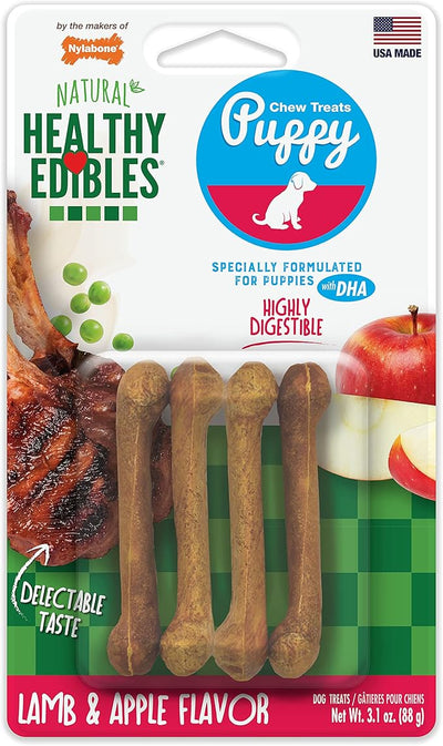 Nylabone Healthy Edibles Natural Puppy Chews Long Lasting Treats for Puppies, Lamb & Apple Dog Treats, X-Small/Petite (4 Count)