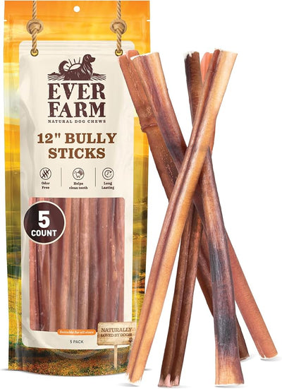 Pet Odor-Free Standard Bully Sticks (12", 5 Pack) – 100% Grass-Fed Beef Pizzle Dog Chews, Fully Digestible & Long-Lasting Dental Treats