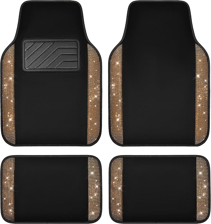 CAR PASS Bling Diamond Car Floor Mats, Shining Rhinestone Carpet Sparkly Glitter Crystal with Anti-Slip PVC Heel Pad Waterproof Universal Fit Automotive SUV,Sedan,Van,Cute Girl Women,4pcs Golden