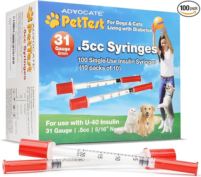 PetTest U-40 Pet Insulin Syringes 0.5CC 31G, 5/16 Inch Long Needles, Comfortable Thin 31 Gauge, For Cats and Dogs, Pets Diabetic Supplies, 100 Pack
