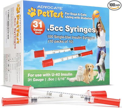 PetTest U-40 Pet Insulin Syringes 0.5CC 31G, 5/16 Inch Long Needles, Comfortable Thin 31 Gauge, For Cats and Dogs, Pets Diabetic Supplies, 100 Pack