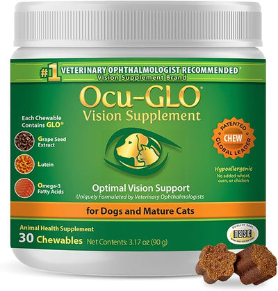 Ocu-GLO Cat & Dog Supplement for Eye Support - Chewable Vision Vitamins Supplements for Large and Small Pets Care with Lutein, Omega-3 Fatty Acids, Grape Seed Extract & Antioxidants