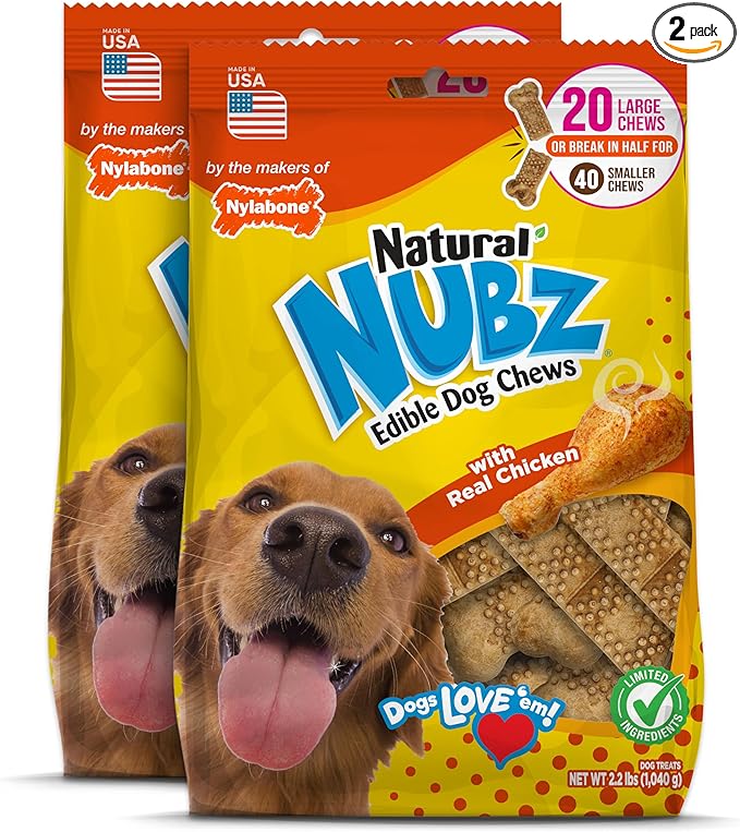 Nylabone Nubz Natural Dog Treats, Long Lasting Chew Bones, Made in the USA, Chicken Flavor Breath Freshener, Large Bones For Dogs Over 30 lbs. (40 Count)