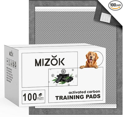 MIZOK Dog Pee Pads Large 28x34in Charcoal Pee Pads for Dogs Activated Carbon Odor-Control Absorbs Up to 8 Cups of Urine, 6-Layer Leak-Proof (100 Counts)