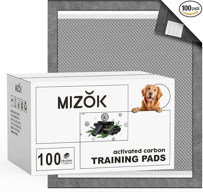 MIZOK Dog Pee Pads Large 28x34in Charcoal Pee Pads for Dogs Activated Carbon Odor-Control Absorbs Up to 8 Cups of Urine, 6-Layer Leak-Proof (100 Counts)