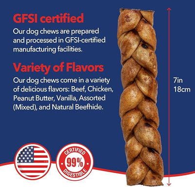 Pet Factory 7in Braided Beefhide Dog Chew Sticks with Peanut Butter Flavor - 100% USA Made Rawhide Chews for Medium Dogs,Long Lasting Dental Health,7 inches,6 Count (Pack of 2)